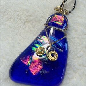 Dichroic Contemporary Blue Glass Pendant with Gold Wire Wrap